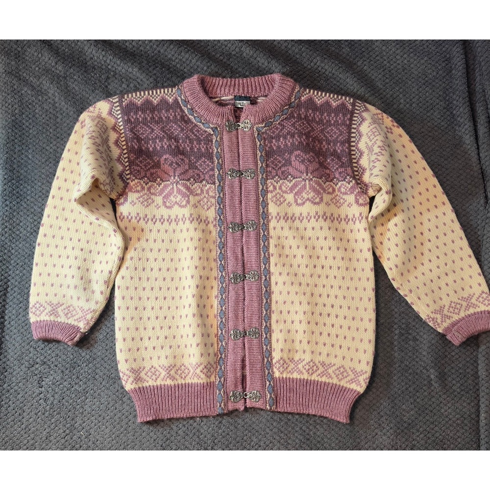 Dale of Norway Wool Cardigan Sweater Purple Cream Nordic Pewter Clasp Size M 42